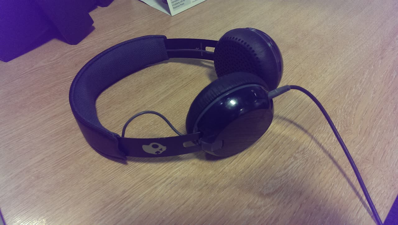 A pair of headphones resting on a desk